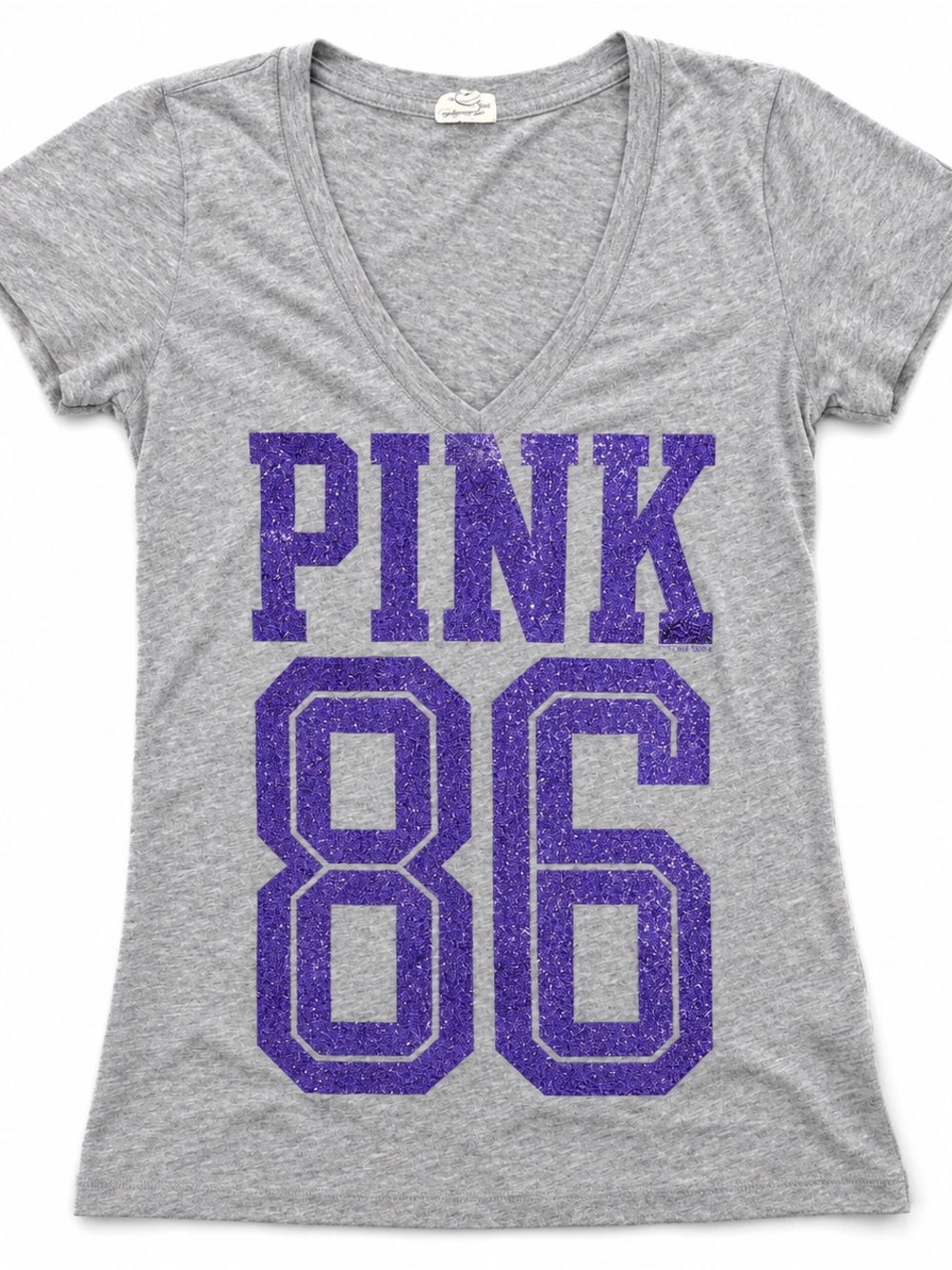 PINK Victoria's Secret Gray V‑Neck Tee with Purple Glitter Graphic